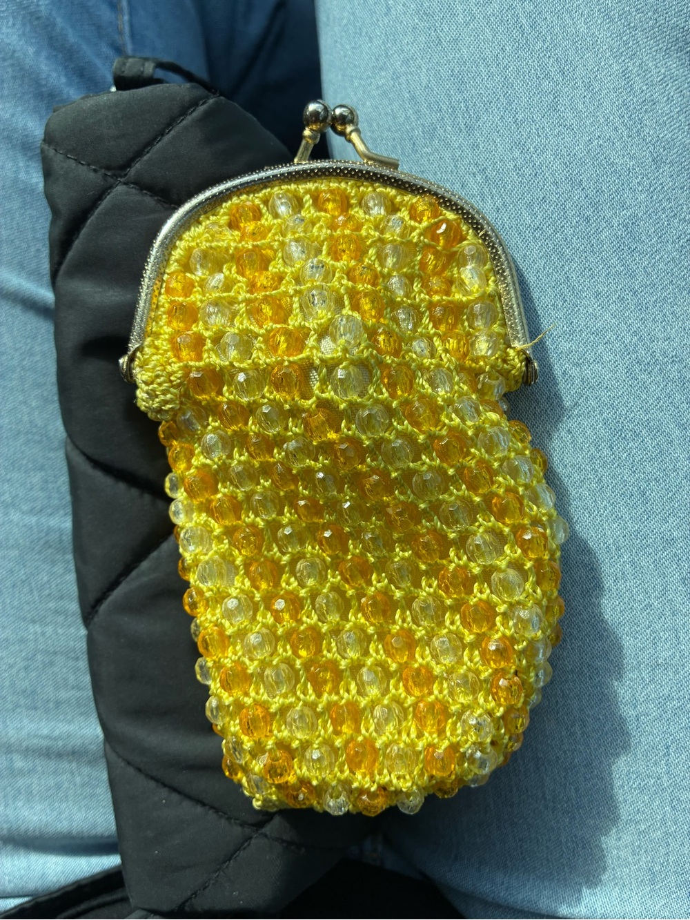 Vintage Yellow/Gold Beaded Kisslock Coin Purse for Women Handmade in Hong Kong
